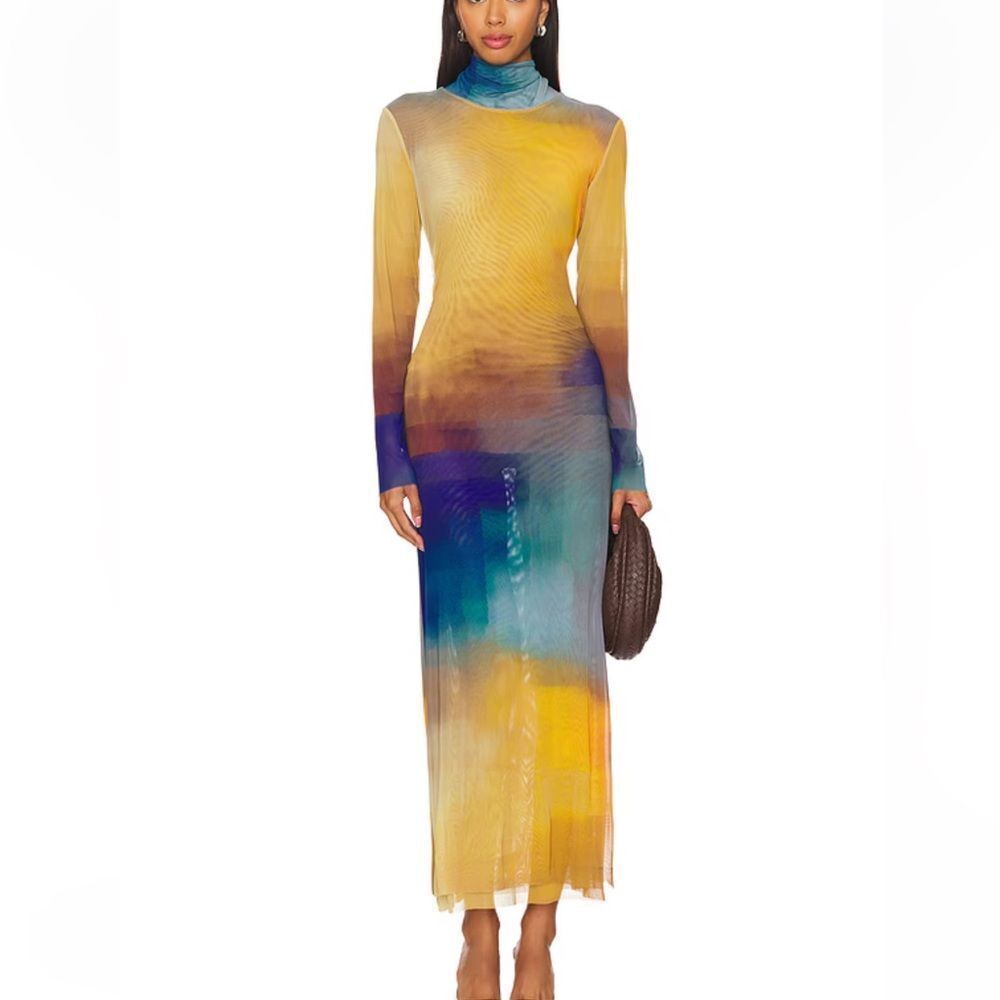 Misa Los Angeles Liv Dress Digital Ombre Mesh Multicolor Long Sleeve Revolve M